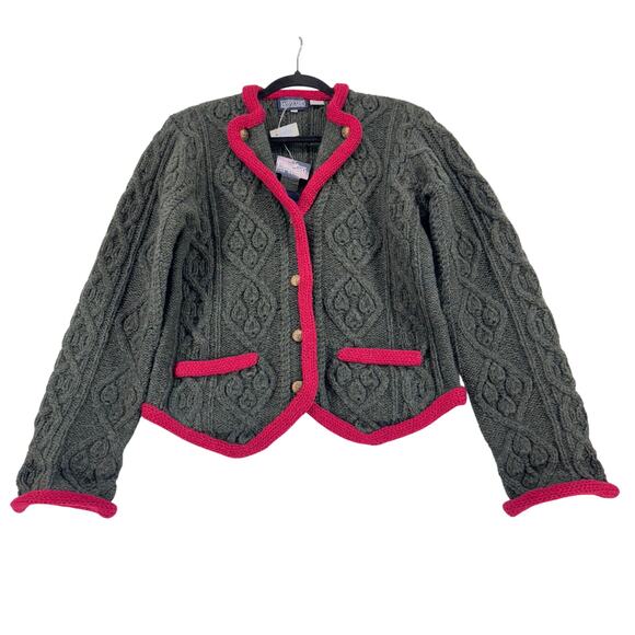 Lands’ End Vintage Shetland Wool Cardigan Green Pink Trim Cable Knit Jacket L - Picture 4 of 7